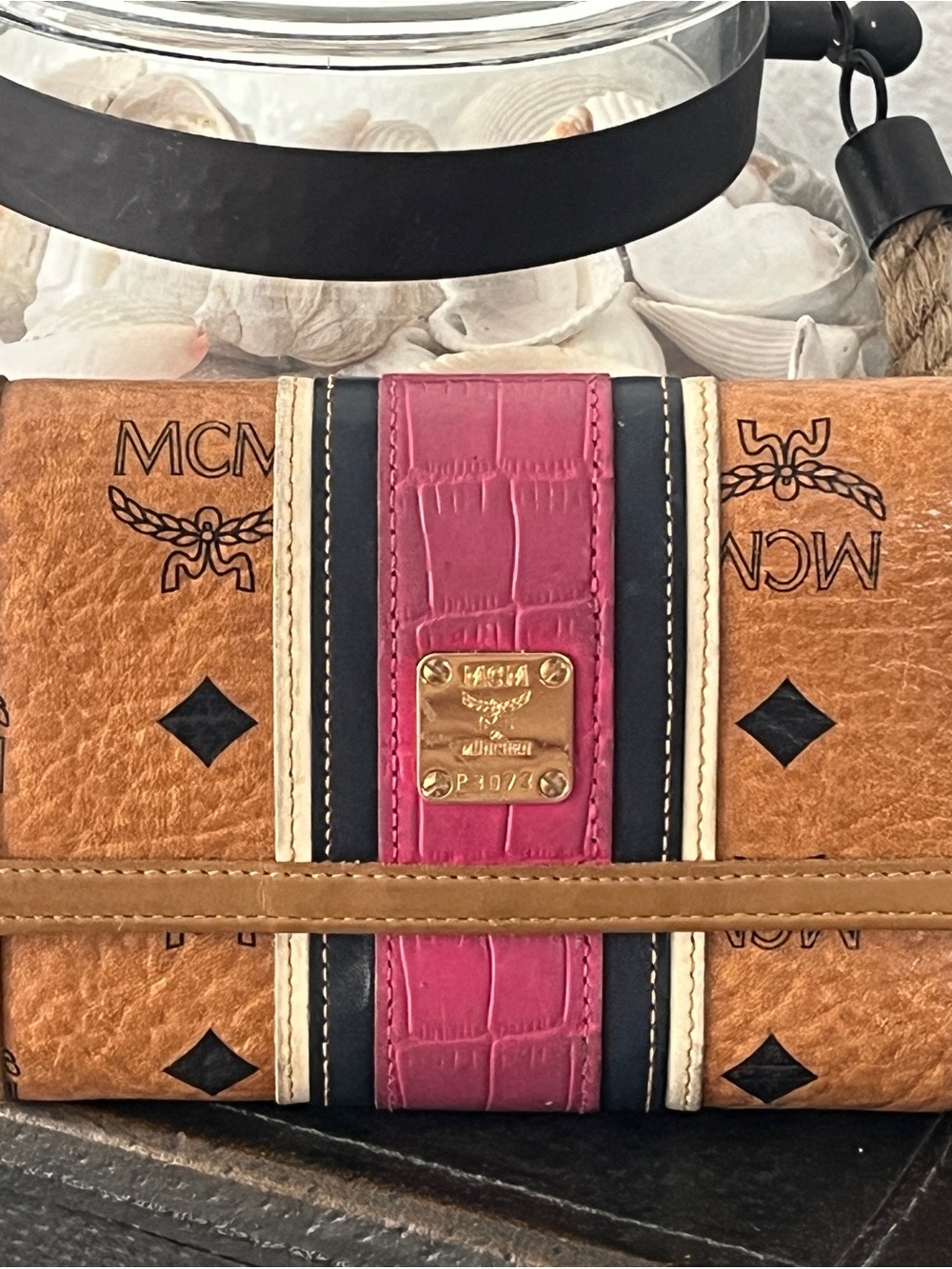 MCM Cognac Visetos Clutch with Pink and Black Stripes
